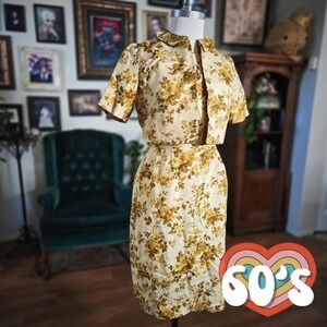 House‎ of Lords Dress Set Vintage 1960s Floral Sheath Jacket Gold Yellow 12 S M